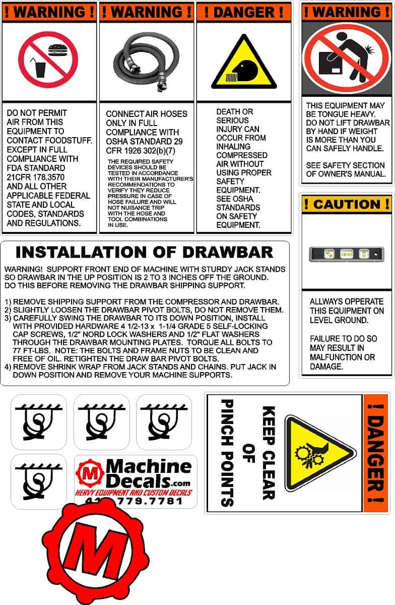 Air Compressor Safety and Warning decal kit - Machine Decals