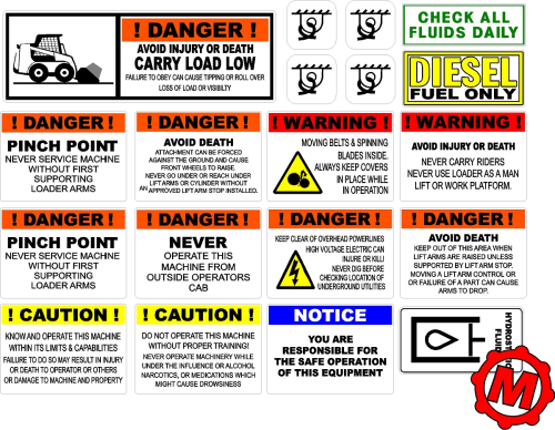 Skid loader Safety and Warning decal kit